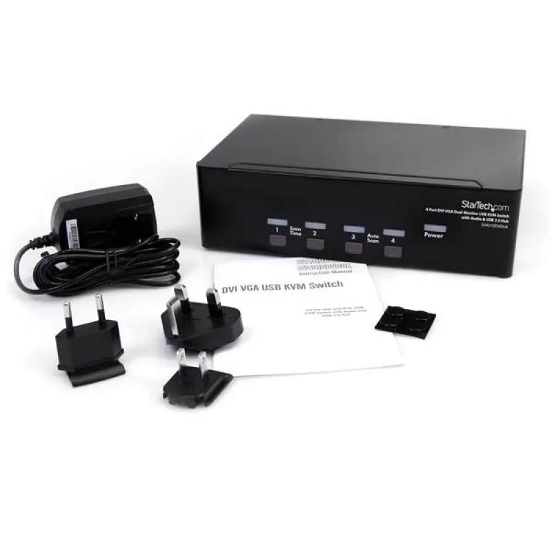 StarTech.com 4 portu DVI VGA divu monitoru KVM slēdzis ar USB un audio, USB 2.0 centrmezgls