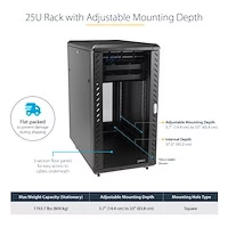 StarTech.com 4-Post 25U Server Rack Cabinet, Slēdzams 19 collu datu skapis datoru/AV/IT aprīkojumam, biroja/mājas tīkla statīvs ar riteņiem un regulējamām montāžas sliedēm