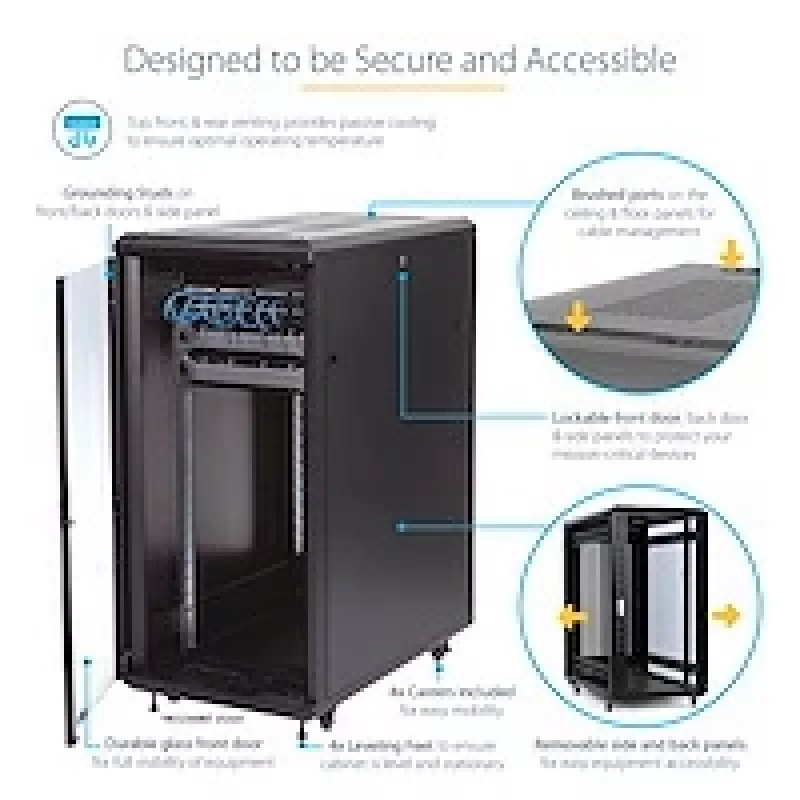 StarTech.com 4-Post 25U Server Rack Cabinet, Slēdzams 19 collu datu skapis datoru/AV/IT aprīkojumam, biroja/mājas tīkla statīvs ar riteņiem un regulējamām montāžas sliedēm