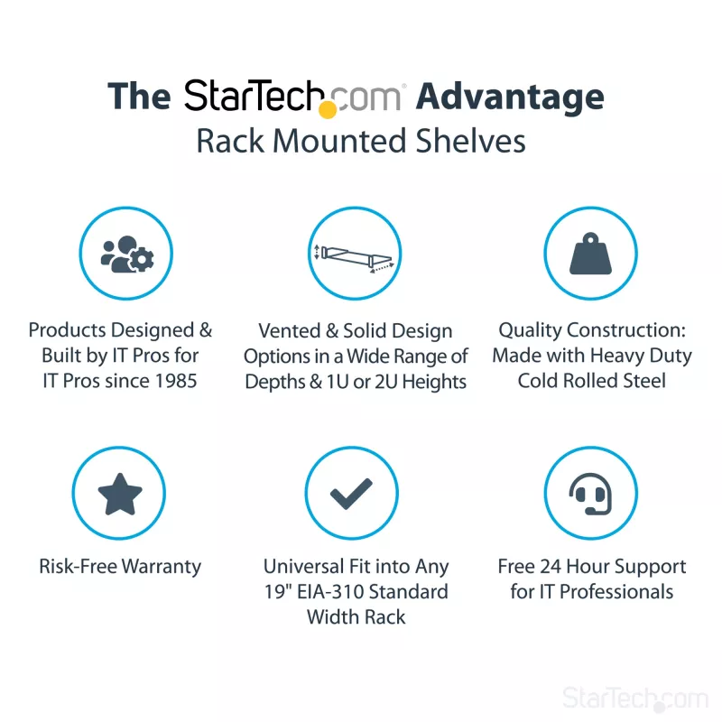 StarTech.com 2U servera statīva plaukts - universāls konsoles plaukts 19 collu tīkla iekārtu statīvam un skapim - izturīgs tērauds – svara ietilpība 23 kg - 22 collu dziļa paplāte, melns