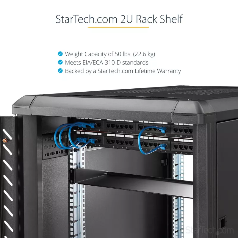 StarTech.com 2U servera statīva plaukts - universāls konsoles plaukts 19 collu tīkla iekārtu statīvam un skapim - izturīgs tērauds – svara ietilpība 23 kg - 22 collu dziļa paplāte, melns