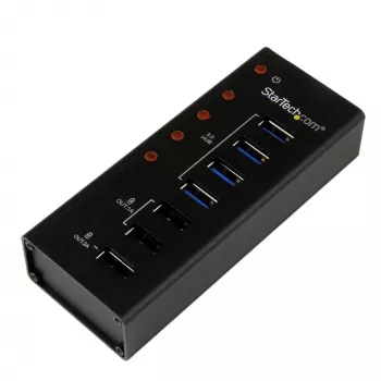 StarTech.com ST4300U3C3 7 portu USB 3.0 centrmezgls – 4 datu porti + 3 uzlādes porti (2x1A un 1x2A), metāla korpuss, montējams pie sienas