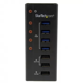 StarTech.com ST4300U3C3 7 portu USB 3.0 centrmezgls – 4 datu porti + 3 uzlādes porti (2x1A un 1x2A), metāla korpuss, montējams pie sienas