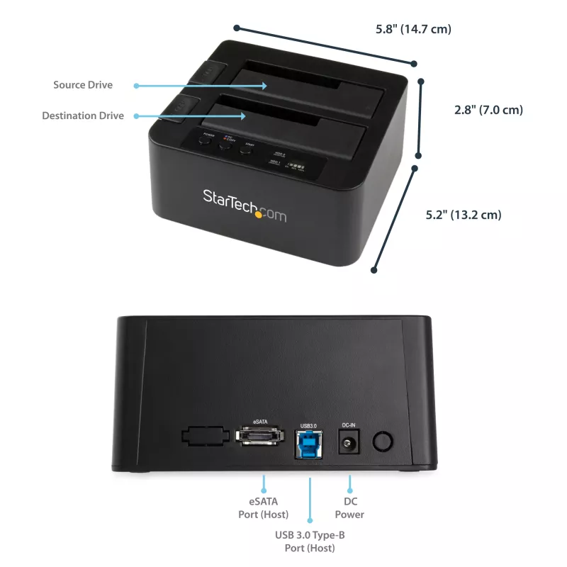 StarTech.com Divu nodalījumu cietā diska dublikators, autonoms USB 3.0 (5 Gbps) / eSATA uz 2.5/3.5 collu SATA III HDD/SSD klonētājs/kopētājs, cietā diska dokstacija, cietā diska klonētājs