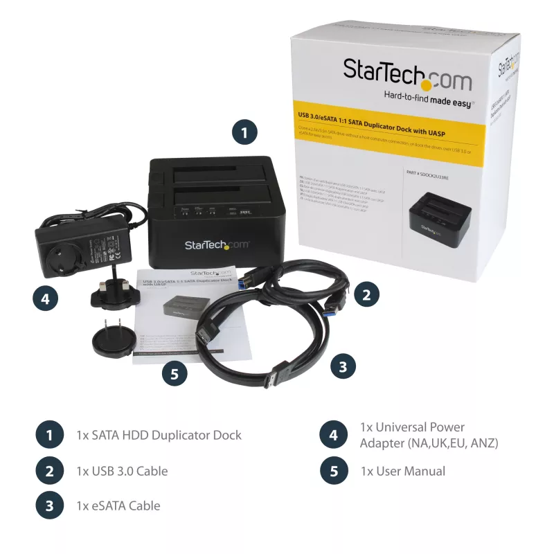 StarTech.com Divu nodalījumu cietā diska dublikators, autonoms USB 3.0 (5 Gbps) / eSATA uz 2.5/3.5 collu SATA III HDD/SSD klonētājs/kopētājs, cietā diska dokstacija, cietā diska klonētājs