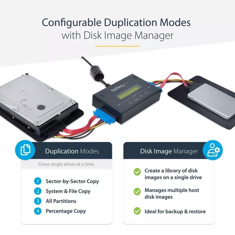 StarTech.com SATDUP11IMG — 1:1 autonomais cietā diska klonētājs ar diska attēlu pārvaldnieku, SATA HDD/SSD klonēšana bez datora