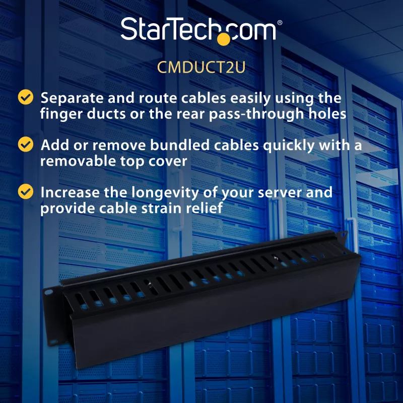 StarTech.com CMDUCT2U horizontāls 2U kabeļu pārvaldības panelis ar pirkstu kanālu un vāku 19 collu servera statīvam