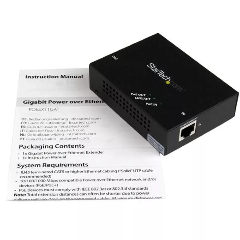 StarTech.com 1-Port Gigabit PoE+ pagarinātājs - 802.3at un 802.3af - 100 m (330 pēdas)