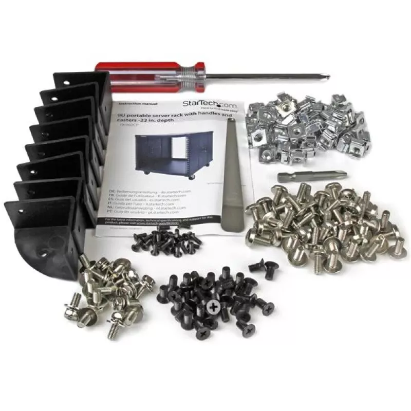 StarTech.com 4-Post 9U Mobilais atvērtā rāmja serveru statīvs, četru stabu tīkla statīvs ar riteņiem, 19 collu ritošais statīvs mājas/biroja šaurām telpām, mazs datu statīvs datoru/AV/IT aprīkojumam - TAA atbilstīgs