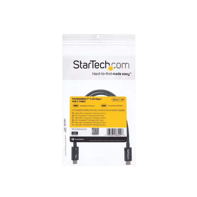 StarTech.com 0.5m Thunderbolt 3 (40Gbps) USB-C kabelis - saderīgs ar Thunderbolt, USB un DisplayPort
