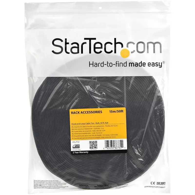 StarTech.com 50 pēdu Velcro ruļļa – Pašgriežamas daudzreiz lietojamas kabeļu saites – Rūpnieciskā vadu stiprinājuma lente /Pielāgojami auduma aptinumi melni / Daudzreiz lietojamas pašfiksējošas kabeļu pārvaldības siksnas