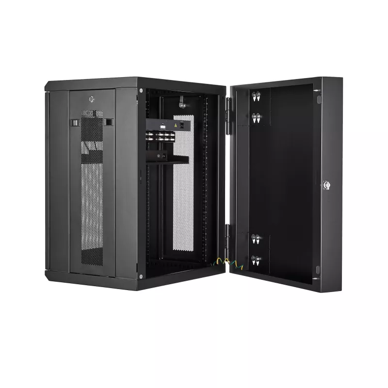 StarTech.com 4-Post 15U sienas tīkla skapis ar 1U plauktu, 19 collu eņģes sienas servera statīvs datu/AV/elektronikas/datoru aprīkojumam, elastīgs ventilējams skapis