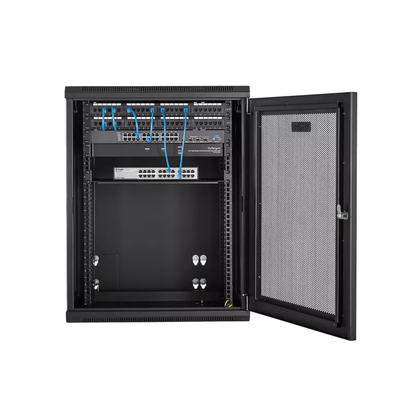 StarTech.com 4-Post 15U sienas tīkla skapis ar 1U plauktu, 19 collu eņģes sienas servera statīvs datu/AV/elektronikas/datoru aprīkojumam, elastīgs ventilējams skapis