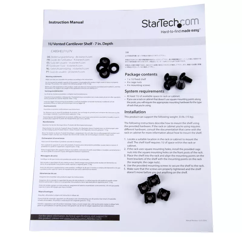 StarTech.com 1U servera plaukta plaukts - universāla ventilējama kronšteina paplāte 19 collu tīkla iekārtu statīvam un skapim - smagās slodzes tērauds - svara ietilpība 20 kg - 17,5 cm dziļš plaukts, melns