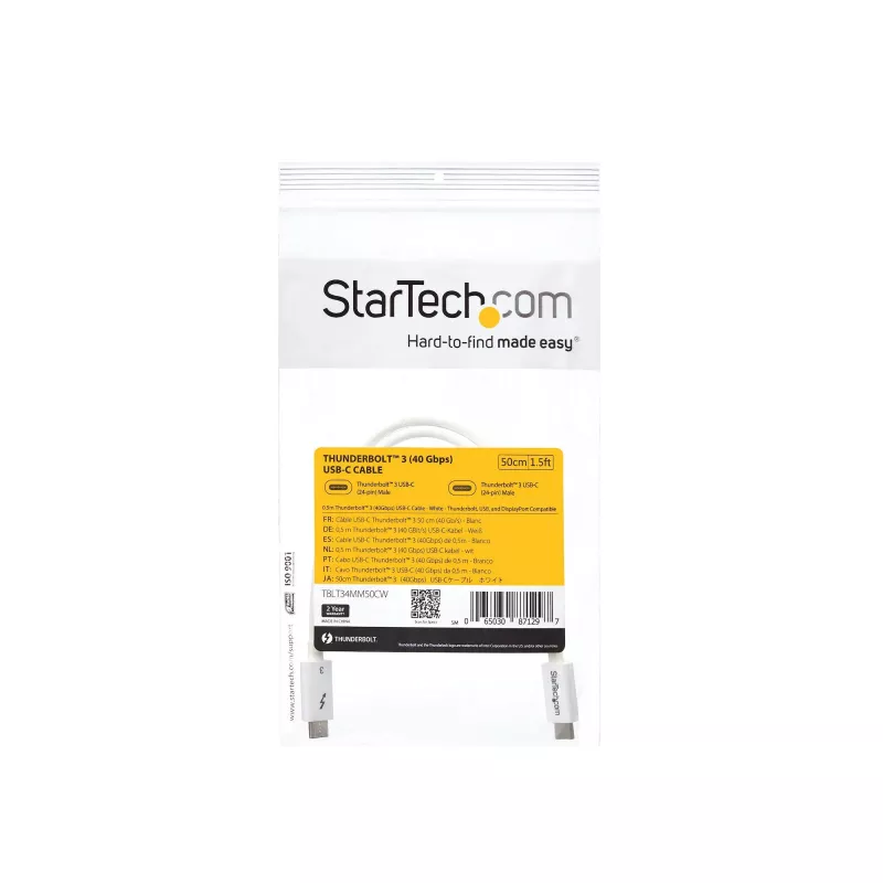 StarTech.com Thunderbolt 3 kabelis - 40Gbps - 0.5m - Balts - saderīgs ar Thunderbolt, USB un DisplayPort