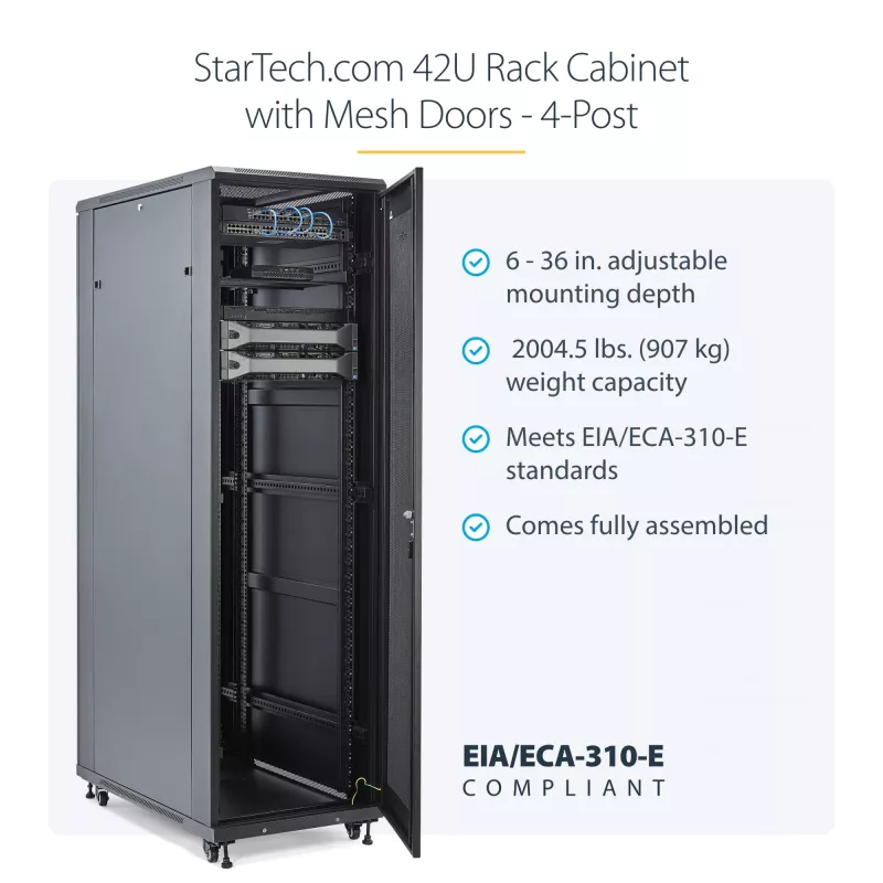 StarTech.com 4-Post 42U Serveru Rack Skapis, 19 collu Datu Rack Skapis Datoru / AV / IT Iekārtu Montāžai, Serveru Rack Korpuss ar Ritenīšiem, Pilna Izmēra Industriālā Tīkla Uzglabāšana