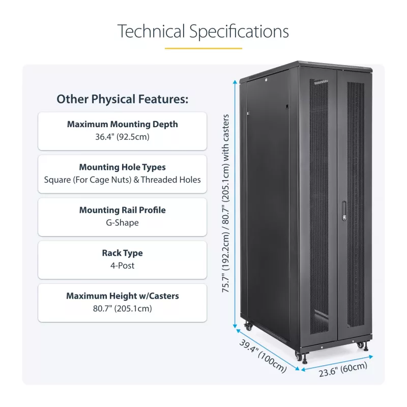 StarTech.com 4-Post 42U Serveru Rack Skapis, 19 collu Datu Rack Skapis Datoru / AV / IT Iekārtu Montāžai, Serveru Rack Korpuss ar Ritenīšiem, Pilna Izmēra Industriālā Tīkla Uzglabāšana