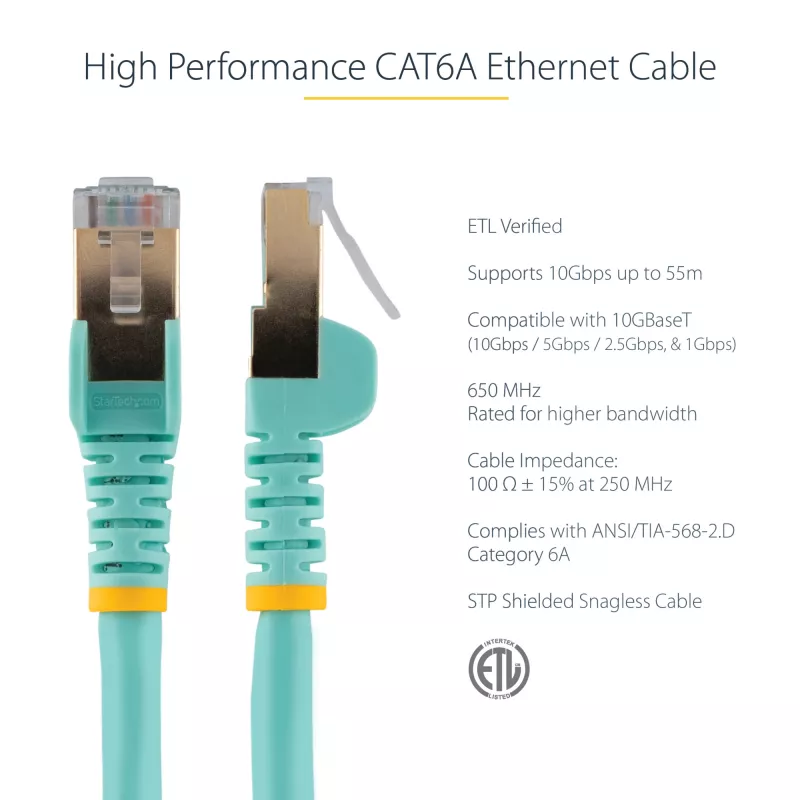 StarTech.com 2m CAT6a Ethernet kabelis - 10 Gigabit ekranēts RJ45 100W PoE pagarinātājs - 10GbE STP tīkla kabelis ar sprieguma atslogotāju - Aqua individuāli testēts / vadi UL sertificēti / TIA