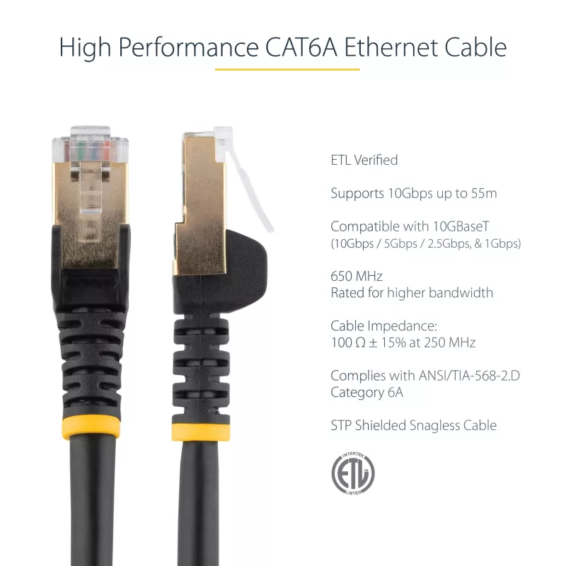StarTech.com CAT6a Ethernet kabelis 0,5m - 10 Gigabit ekranēts, bezķēžu RJ45, 100W PoE - 10GbE STP tīkla kabelis ar sprieguma atslogotāju - Melns, individuāli testēts, UL sertificēts