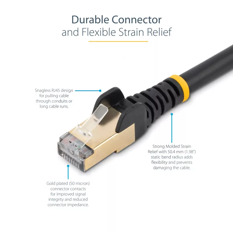 StarTech.com CAT6a Ethernet kabelis 0,5m - 10 Gigabit ekranēts, bezķēžu RJ45, 100W PoE - 10GbE STP tīkla kabelis ar sprieguma atslogotāju - Melns, individuāli testēts, UL sertificēts