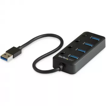 StarTech.com 4 Portu USB 3.0 Hubs - USB-A uz 4x USB 3.0 Type-A ar individuāliem ieslēgšanas/izslēgšanas slēdžiem - SuperSpeed 5Gbps USB 3.1/3.2 Gen 1 - USB barošana no kopnes - pārnēsājams - 25cm pievienots kabelis