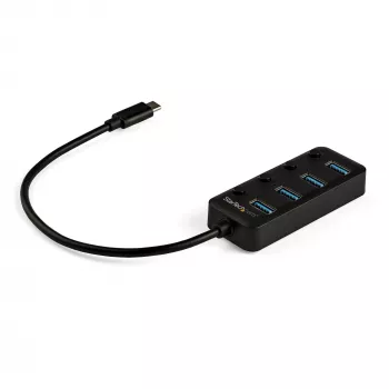StarTech.com 4 Portu USB-C Hubs — USB-C uz 4x USB 3.0 Type-A ar individuāliem ieslēgšanas/izslēgšanas slēdžiem — SuperSpeed 5Gbps USB 3.1/3.2 Gen 1 — barošana no USB — pārnēsājams — 25cm pievienots kabelis