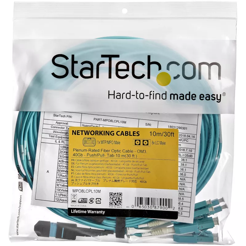StarTech.com 10m MTP(F)/PC uz 4x LC/PC Dupleksa sadales OM3 daudzmodu optiskā šķiedra, OFNP plēnuma kabelis, 40G tīkliem, zems ievietošanas zudums