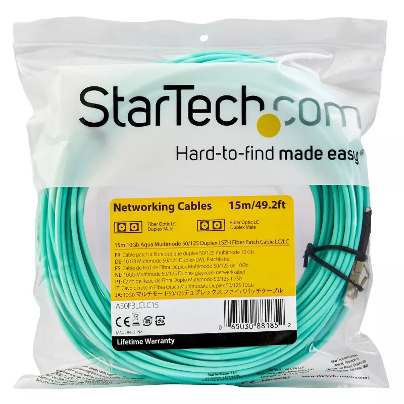 StarTech.com 15m (50ft) LC/UPC-LC/UPC OM3 daudzmodu optiskā šķiedras kabelis, pilns duplekss 50/125µm, 100G, zems ievietošanas zudums, LSZH