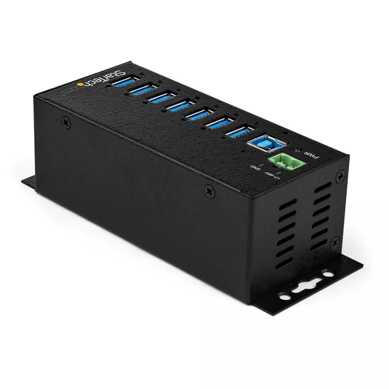 StarTech.com 7-Portu USB 3.0 Centrmezgls ar Barošanas Bloku - Metāla Rūpnieciskais USB-A Centrmezgls ar ESD un 350W Pārsprieguma Aizsardzību - DIN/Siena/Galda Montējams - Ātrdarbīgs USB 3.2 Gen 1 (5Gbps) Centrmezgls - TAA