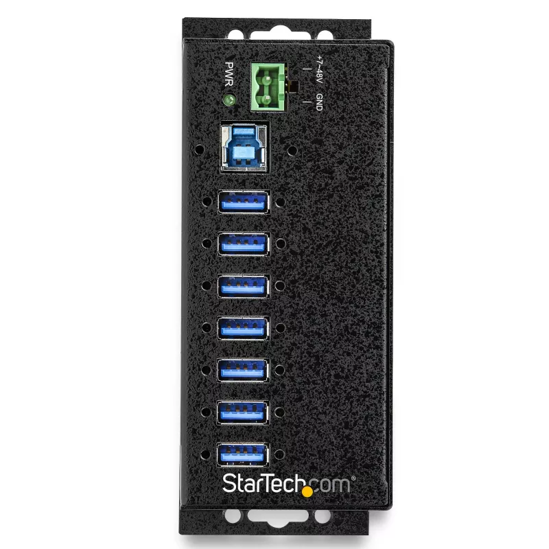 StarTech.com 7-Portu USB 3.0 Centrmezgls ar Barošanas Bloku - Metāla Rūpnieciskais USB-A Centrmezgls ar ESD un 350W Pārsprieguma Aizsardzību - DIN/Siena/Galda Montējams - Ātrdarbīgs USB 3.2 Gen 1 (5Gbps) Centrmezgls - TAA
