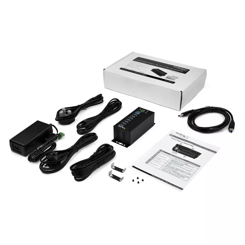 StarTech.com 7-Portu USB 3.0 Centrmezgls ar Barošanas Bloku - Metāla Rūpnieciskais USB-A Centrmezgls ar ESD un 350W Pārsprieguma Aizsardzību - DIN/Siena/Galda Montējams - Ātrdarbīgs USB 3.2 Gen 1 (5Gbps) Centrmezgls - TAA