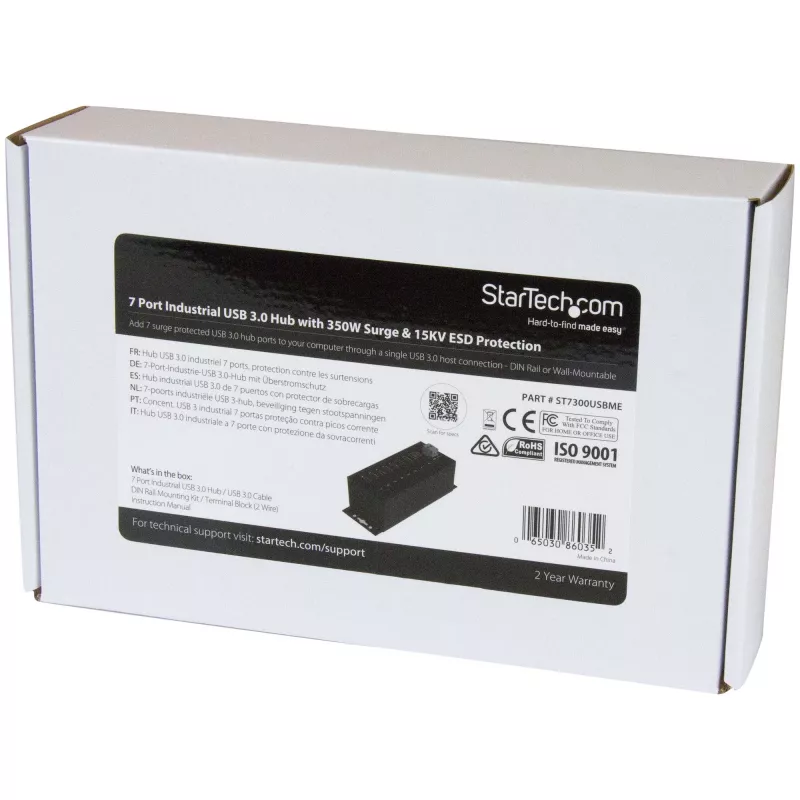 StarTech.com 7-Portu USB 3.0 Centrmezgls ar Barošanas Bloku - Metāla Rūpnieciskais USB-A Centrmezgls ar ESD un 350W Pārsprieguma Aizsardzību - DIN/Siena/Galda Montējams - Ātrdarbīgs USB 3.2 Gen 1 (5Gbps) Centrmezgls - TAA