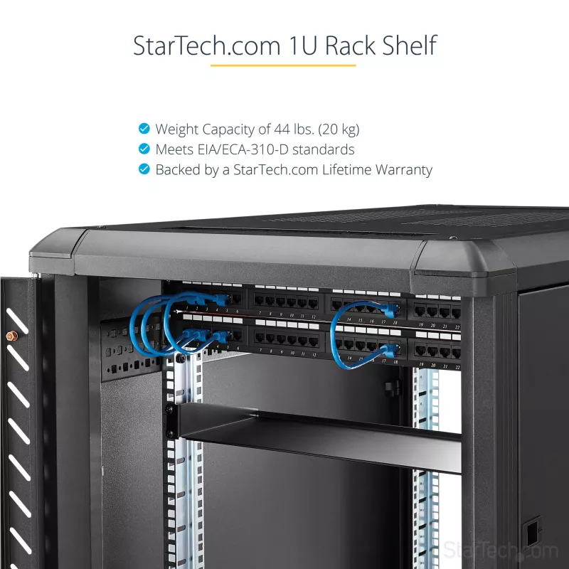 StarTech.com 1U servera plaukta kantilevera paliktnis 19 inch tīkla aprīkojuma statīvam – smagā tērauda konstrukcija, nestspēja 20 kg, 16 inch dziļš, melns