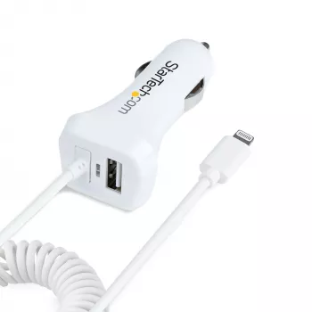 StarTech.com Auto lādētājs ar Lightning spolētu kabeli, 1m, 12W, balts, 2 USB porti