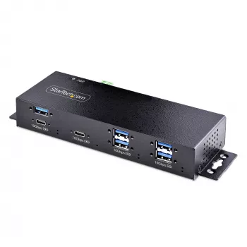 StarTech.com 7-Portu Industriālais USB 10Gbps Hubs ar Barošanas Adapteri, Metāla, Montējams, 5x USB-A un 2x USB-C Lejupstraumes Porti, ESD Aizsardzība, Barots USB Hubs, TAA