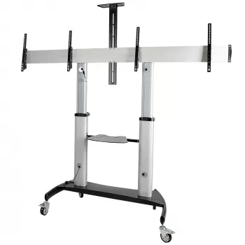 StarTech.com Mobilais TV statīvs diviem 37-60 collu ekrāniem, līdz 110lb/50kg katrs - regulējams augstums, ar plauktiem aprīkojumam, uz riteņiem
