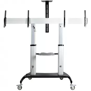 StarTech.com Mobilais TV statīvs diviem 37-60 collu ekrāniem, līdz 110lb/50kg katrs - regulējams augstums, ar plauktiem aprīkojumam, uz riteņiem