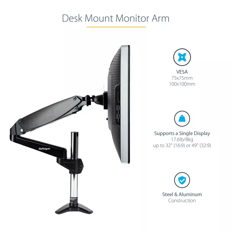 StarTech.com Galda monitora roka vienam VESA displejam līdz 32 collām vai 49 collu īpaši platam 8kg/17.6lb - pilna kustība, šarnīrsavienojums un augstuma regulēšana - C-skava, caurums - viena monitora roka