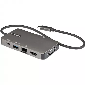 StarTech.com USB-C daudzportu adapteris - USB-C uz 4K 30Hz HDMI vai 1080p VGA - USB Type-C mini doks ar 100W PD caurlaidi, 3 portu USB centrmezgls 5Gbps, GbE - 30cm pievienots kabelis