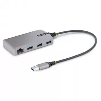StarTech.com 3-Portu USB centrmezgls ar Ethernet - 3x USB-A pieslēgvietas - Gigabit Ethernet (RJ-45) - USB 3.0 5Gbps - barošana no kopnes - 30cm kabelis - portatīvais klēpjdatora USB centrmezgla adapteris ar GbE