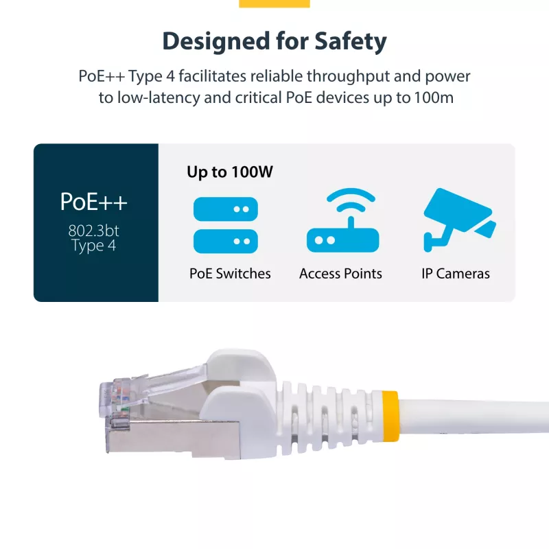 StarTech.com 1m balts CAT8 Ethernet kabelis, bezķēdes RJ45, 25G/40G, 2000MHz, 100W PoE++, S/FTP, 26AWG tīrs varš, LSZH, ekranēts savienojuma vads ar sprieguma atslogotājiem, individuāli testēts