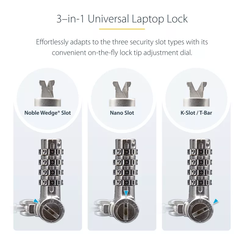 StarTech.com Universāla klēpjdatora bloķēšanas trosīte 2m, saderīga ar Noble Wedge®/Nano/K-Slot; bezatslēgas kombinācijas bloķēšanas trosīte, pretzādzību tērauda trosīte