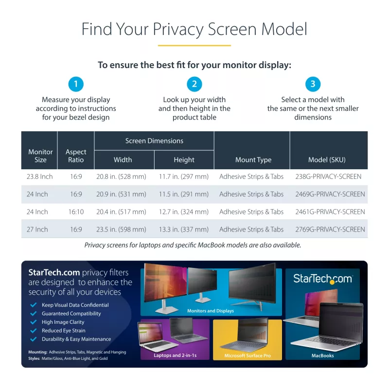 StarTech.com 27 collu 16:9 zelta monitora privātuma ekrāns, atgriezenisks filtrs ar uzlabotu privātumu, spīdīgs datora drošības filtrs, noņemams ekrāna aizsargs/vairogs, +/- 30 grādi