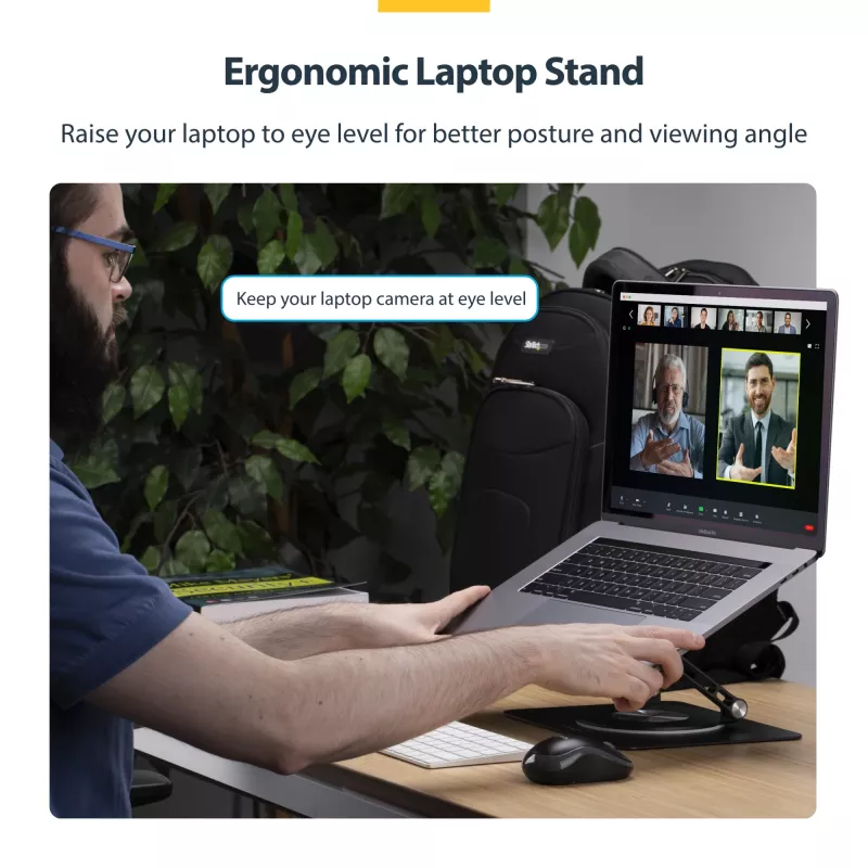 StarTech.com Rotējošs klēpjdatora statīvs, 360° pagriešana, ergonomisks pacēlājs, regulējams slīpums, līdz 5 kg, alumīnijs, pārnēsājams
