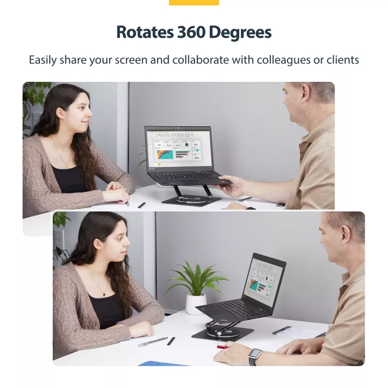 StarTech.com Rotējošs klēpjdatora statīvs, 360° pagriešana, ergonomisks pacēlājs, regulējams slīpums, līdz 5 kg, alumīnijs, pārnēsājams
