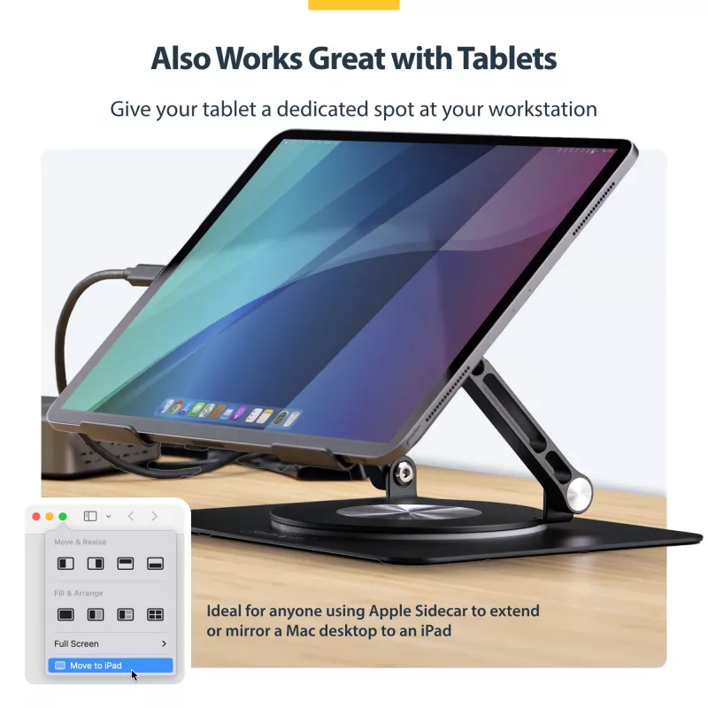 StarTech.com Rotējošs klēpjdatora statīvs, 360° pagriešana, ergonomisks pacēlājs, regulējams slīpums, līdz 5 kg, alumīnijs, pārnēsājams