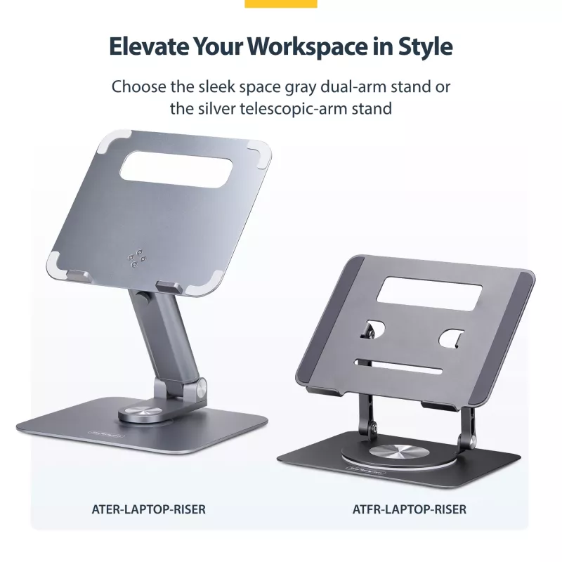 StarTech.com Rotējošs klēpjdatora statīvs, 360° pagriešana, ergonomisks pacēlājs, regulējams slīpums, līdz 5 kg, alumīnijs, pārnēsājams