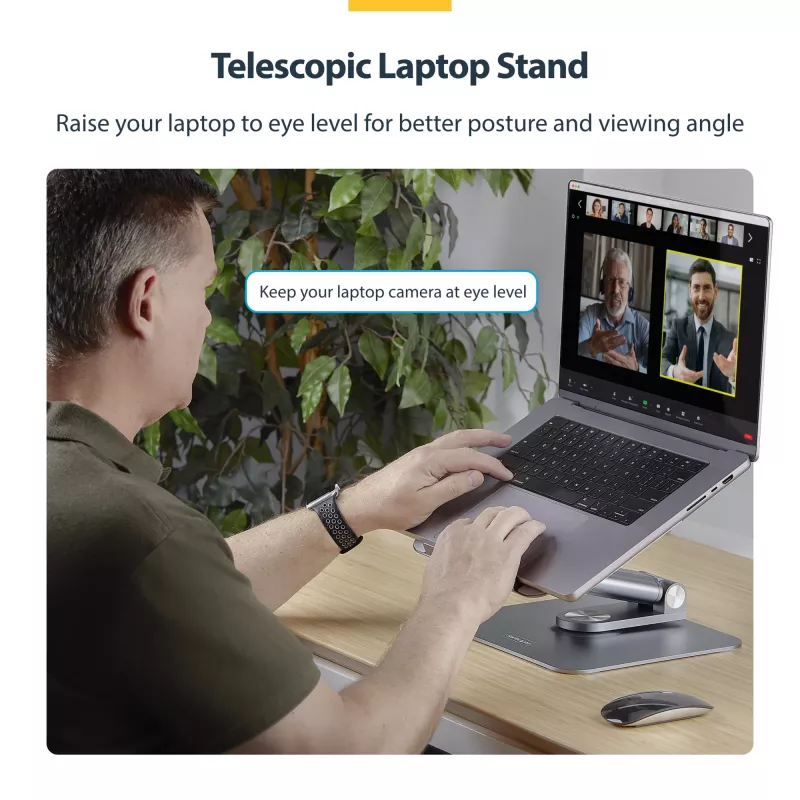 StarTech.com Teleskopiskais klēpjdatora statīvs, 360° grozāma pamatne, rotējošs datora pacēlājs galdam, regulējams augstums un slīpums, maks. 5 kg, alumīnija konstrukcija, pārnēsājams dizains