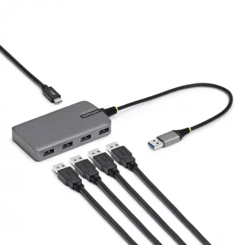 StarTech.com 4 portu USB-A centrmezgls, 5Gbps, barots no kopnes, USB-A uz 4x USB-A ar USB-C papildu barošanas ieeju, 30cm kabelis, pārnēsājams galda/klēpjdatora centrmezgls