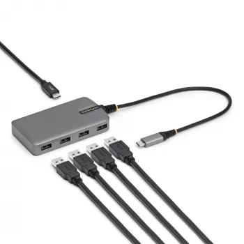 StarTech.com 4 portu USB-C centrmezgls, 5Gbps, barots no kopnes, USB-C uz 4x USB-A ar USB-C papildu barošanas ieeju, 30cm kabelis, pārnēsājams galddatora/klēpjdatora USB centrmezgls